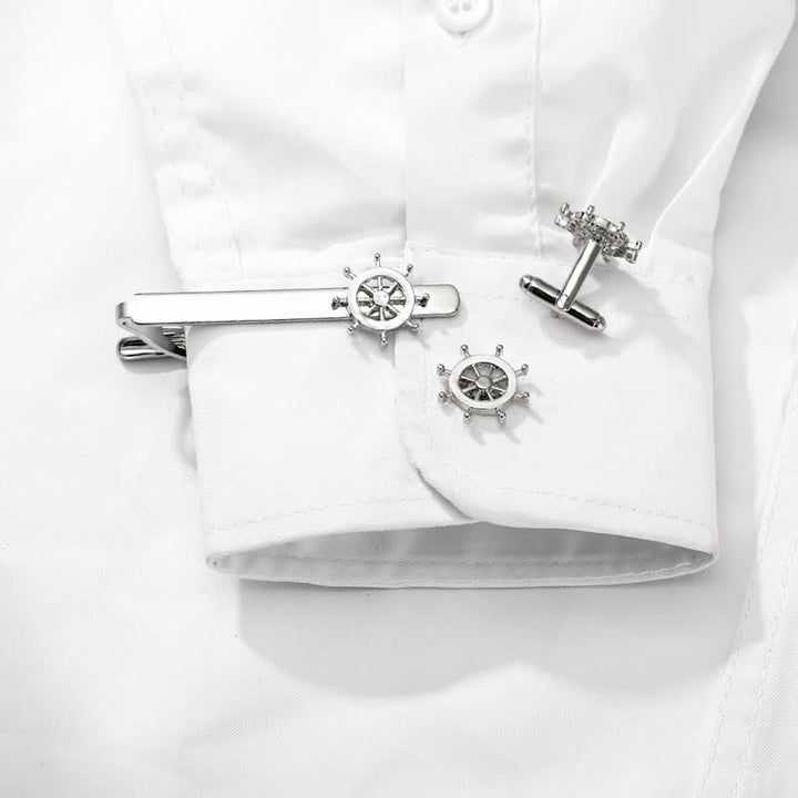 2-teiliges Set mit Krawattenklammern und Manschettenknöpfen für Herren in Silber mit Seemann-Bootsanker - image 1
