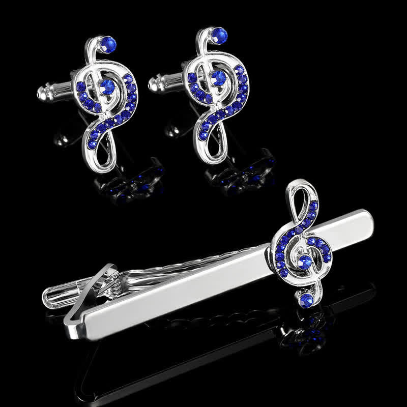 2-teiliges Herren-Set mit Krawattenklammer und Manschettenknöpfen in Silber mit Musiknote - Blau & Silber - image 0
