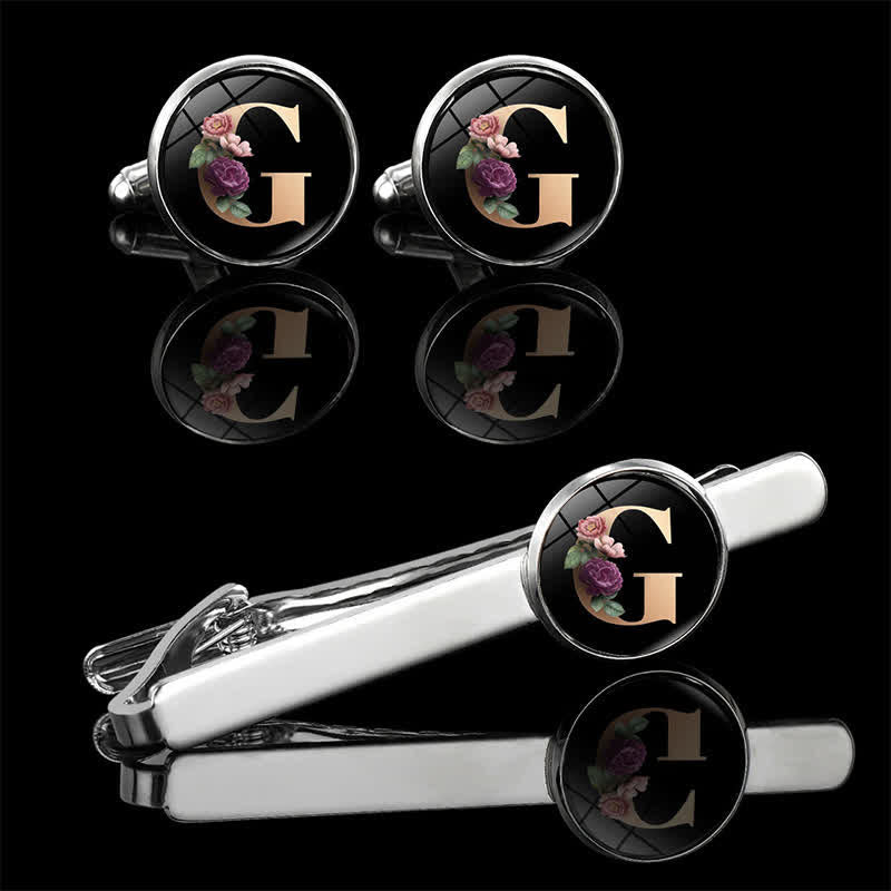 3-teiliges Set mit Krawattenklammer, Brosche und Manschettenknöpfen für Herren mit Blumenmotiv und 26 Großbuchstaben - G - image 9