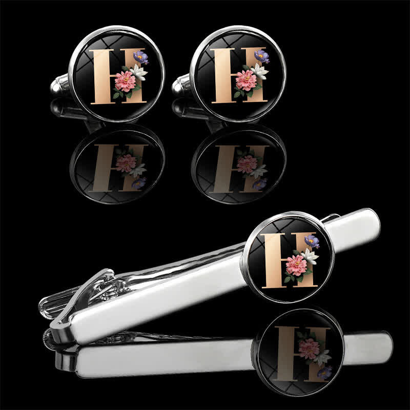3-teiliges Set mit Krawattenklammer, Brosche und Manschettenknöpfen für Herren mit Blumenmotiv und 26 Großbuchstaben - H - image 10