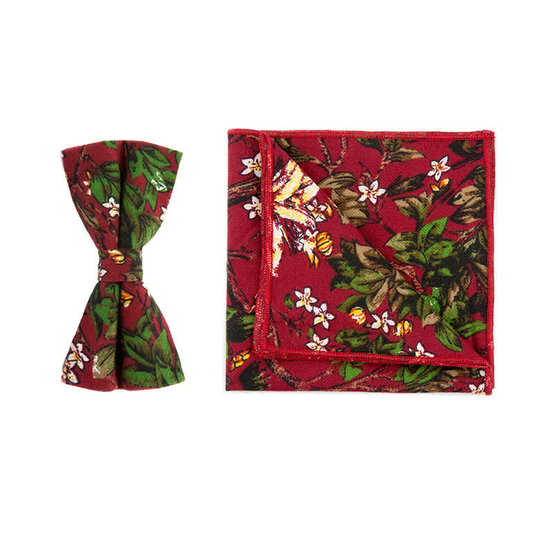 2-teiliges Herren-Set aus Baumwolltaschentuch und Fliege mit Blumenmuster