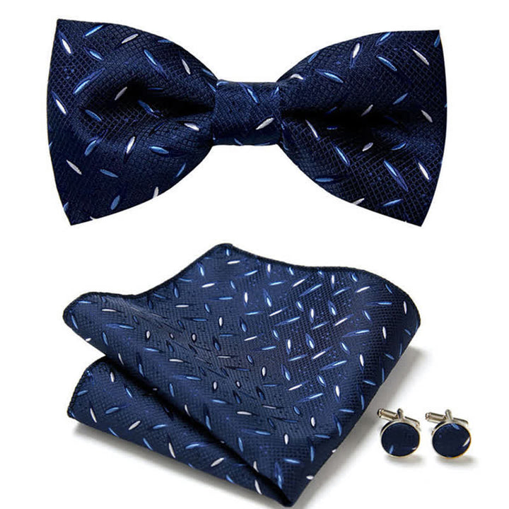 3-teiliges Marineblaues Einstecktuch-Manschettenknöpfe-Fliege-Set für Herren mit Mini-Streifen