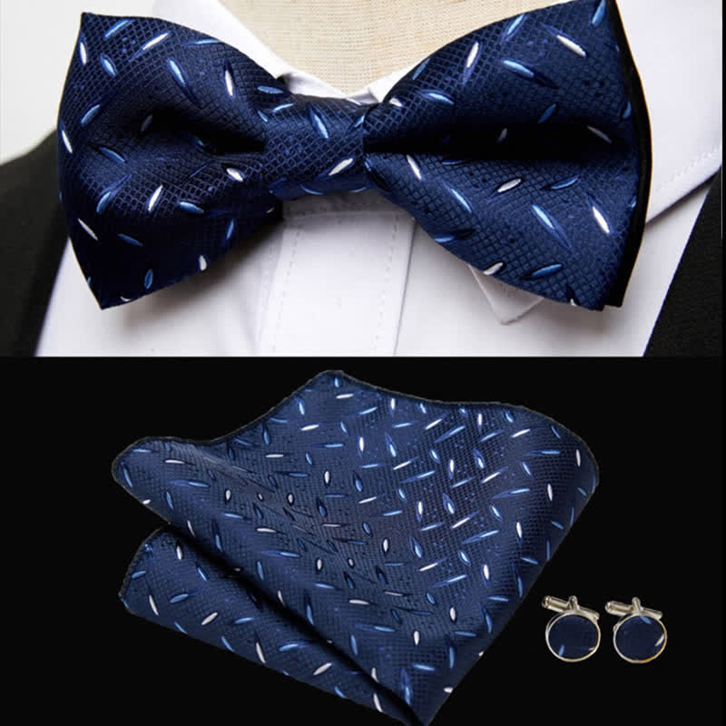 3-teiliges Marineblaues Einstecktuch-Manschettenknöpfe-Fliege-Set für Herren mit Mini-Streifen