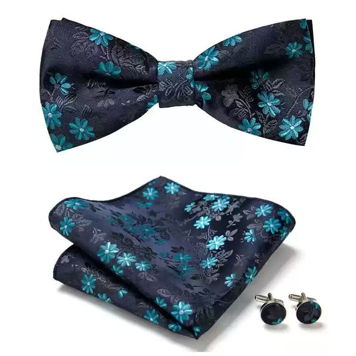 3-teiliges Herren-Einstecktuch mit Manschettenknöpfen und Fliege in Mitternachtsblau mit Blumen