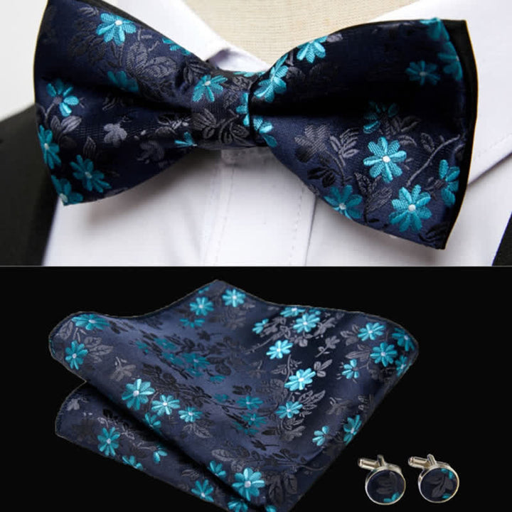 3-teiliges Herren-Einstecktuch mit Manschettenknöpfen und Fliege in Mitternachtsblau mit Blumen