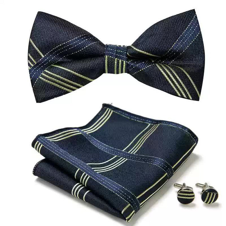 3-teiliges Herren-Set mit Einstecktuch, Manschettenknöpfen und Fliege in Mitternachtsblau mit Karomuster