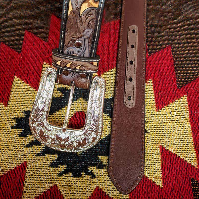Western-Ledergürtel in Braun und Gelb mit geschnitzter Blumenschnalle