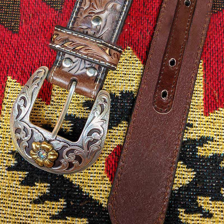 Western-Ledergürtel in Braun und Gelb mit geschnitzter Blumenschnalle