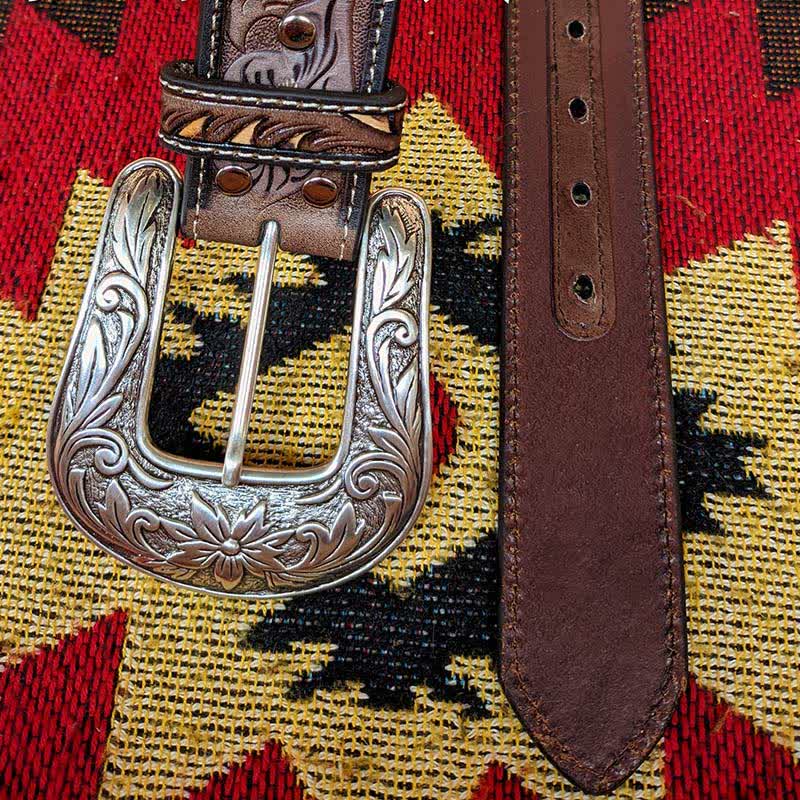 Western-Ledergürtel in Braun und Gelb mit geschnitzter Blumenschnalle