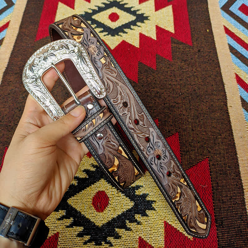 Western-Ledergürtel in Braun und Gelb mit geschnitzter Blumenschnalle