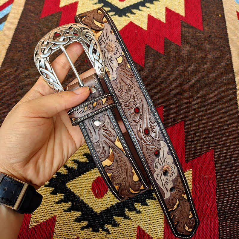 Western-Ledergürtel in Braun und Gelb mit geschnitzter Blumenschnalle