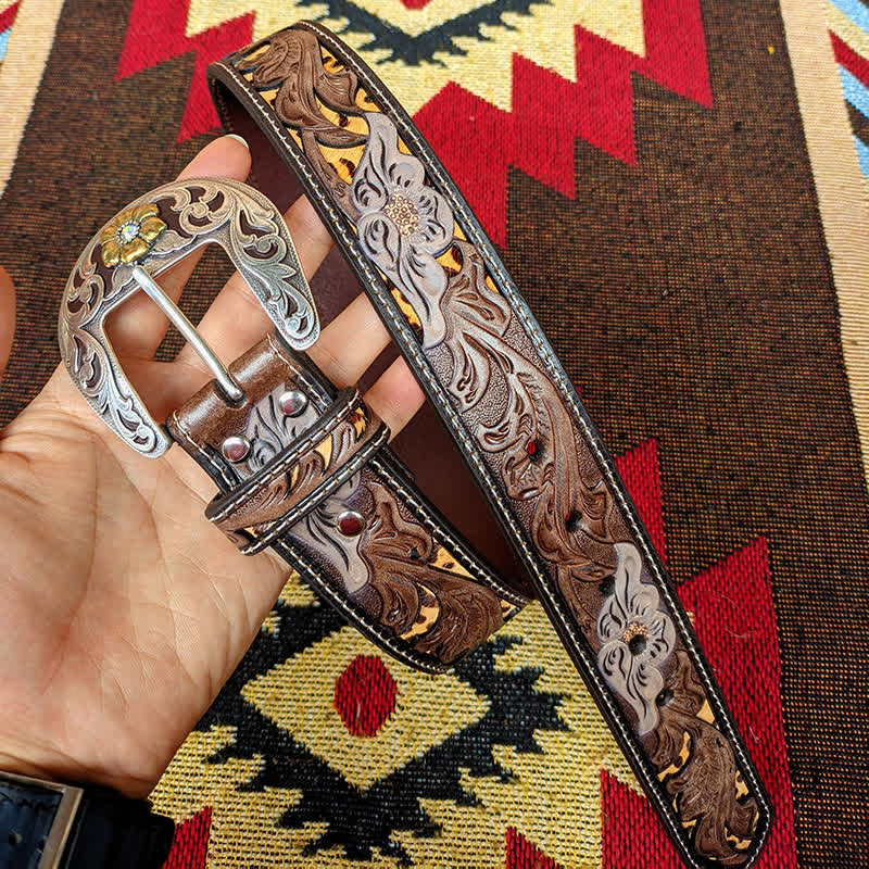 Western-Ledergürtel in Braun und Gelb mit geschnitzter Blumenschnalle