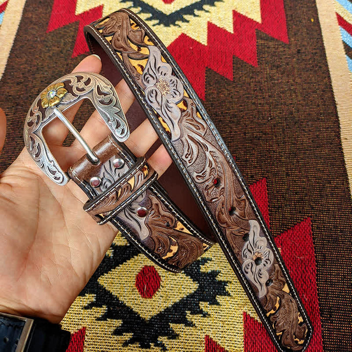 Western-Ledergürtel in Braun und Gelb mit geschnitzter Blumenschnalle