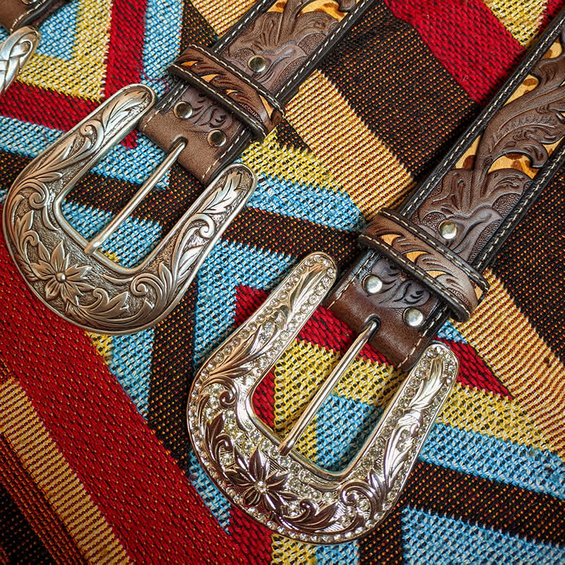 Western-Ledergürtel in Braun und Gelb mit geschnitzter Blumenschnalle