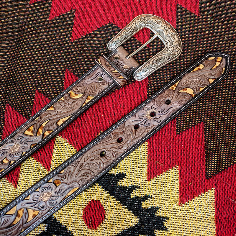 Western-Ledergürtel in Braun und Gelb mit geschnitzter Blumenschnalle