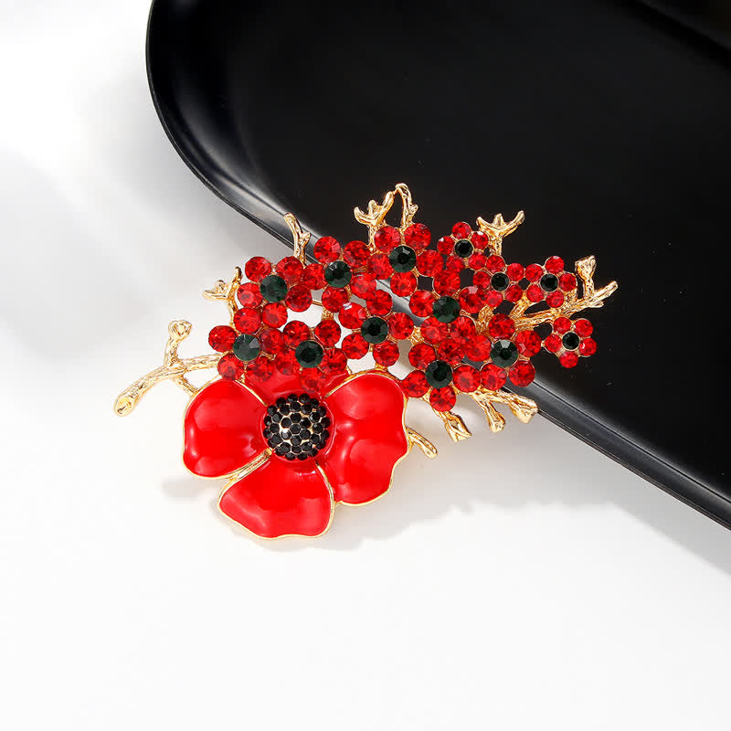 Brosche mit roter Mohnblume und glänzendem Kristall für Damen