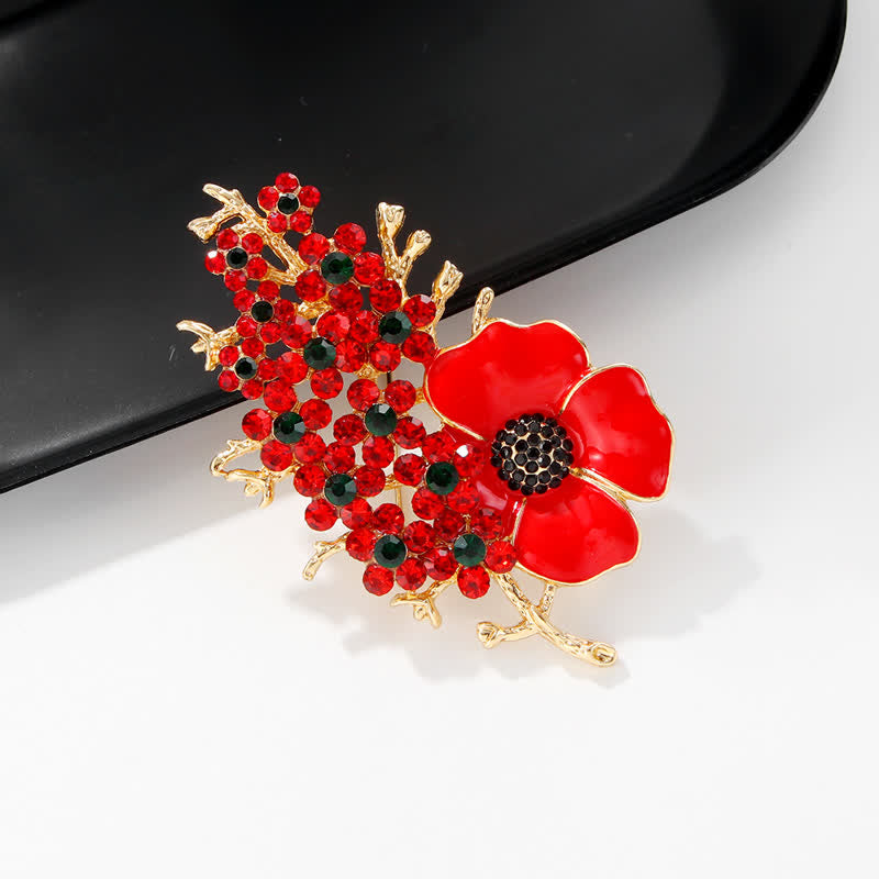 Brosche mit roter Mohnblume und glänzendem Kristall für Damen