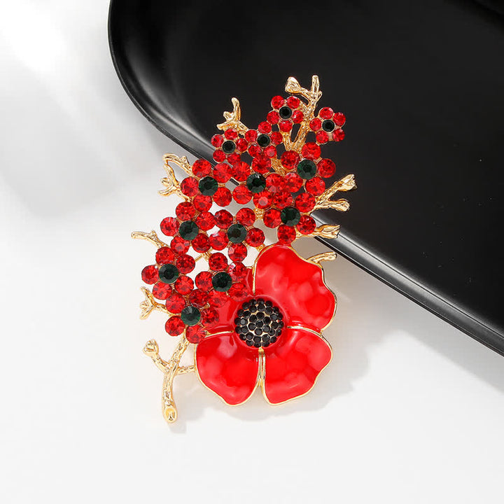 Brosche mit roter Mohnblume und glänzendem Kristall für Damen