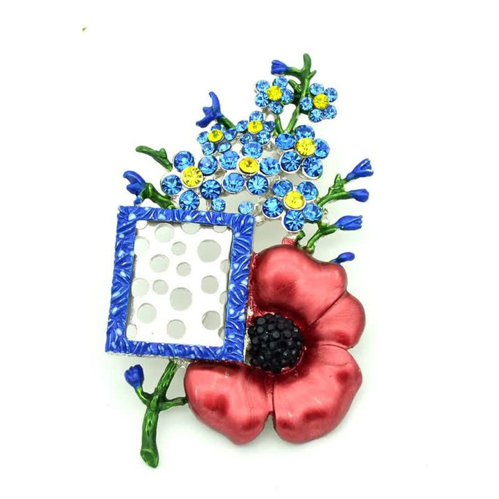 Mohnblumen-Brosche mit Strasssteinen und Bilderrahmen