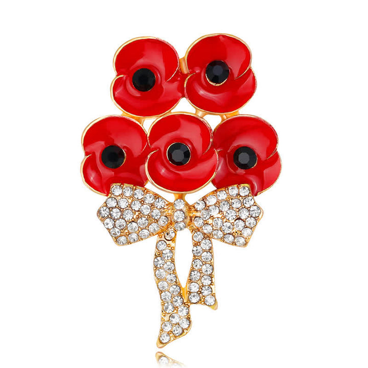 Fünf rote Mohnblumen Schleife Knoten Strass Blume Brosche