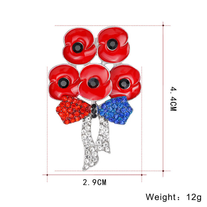 Fünf rote Mohnblumen Schleife Knoten Strass Blume Brosche