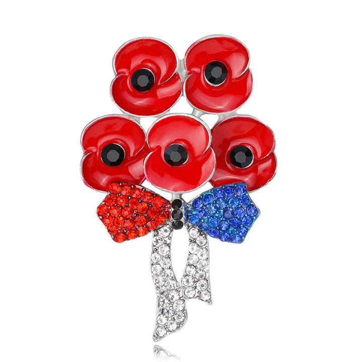 Fünf rote Mohnblumen Schleife Knoten Strass Blume Brosche