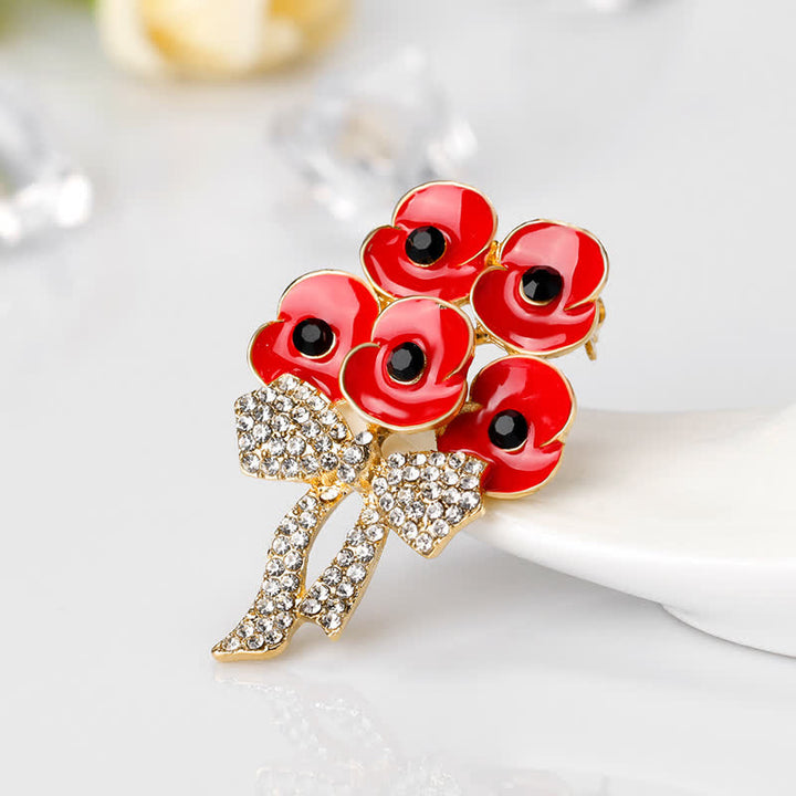 Fünf rote Mohnblumen Schleife Knoten Strass Blume Brosche