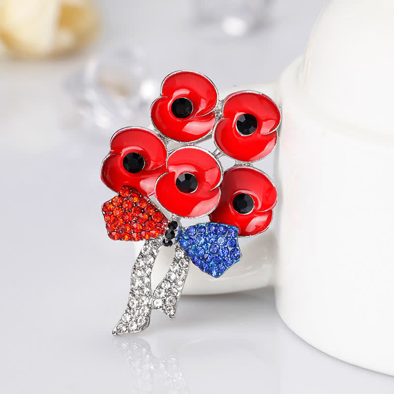 Fünf rote Mohnblumen Schleife Knoten Strass Blume Brosche