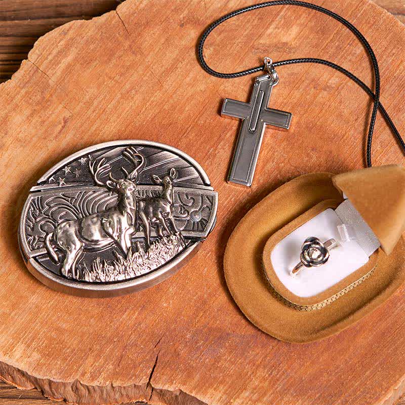 Kreative DIY Hirsch versteckt Messer Gürtelschnalle Kreuz Halskette Rose Ring Bundle Set