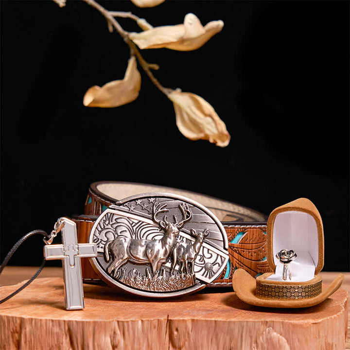 Kreative DIY Hirsch versteckt Messer Gürtelschnalle Kreuz Halskette Rose Ring Bundle Set