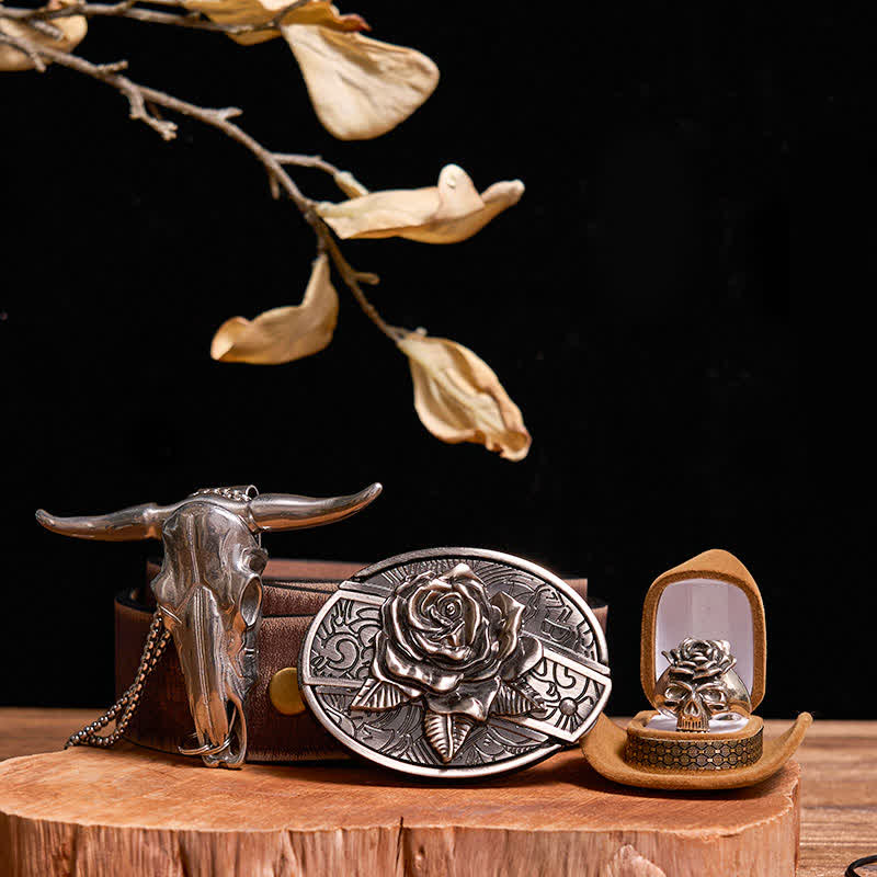 DIY Rose Verstecktes Messer Gürtelschnalle Bull Anhänger Totenkopf & Rose Ring Bundle Set - Rose - Brauner Distressed-Gürtel - 42 - image 9