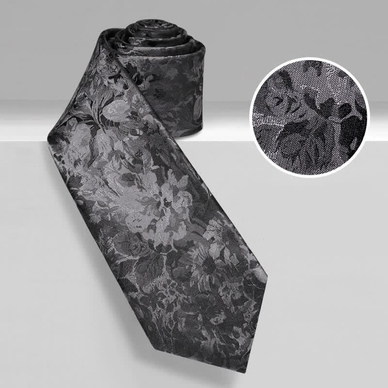 Dunkelgraue und schwarze Krawatte aus reiner Seide mit Blumenmuster für Herren