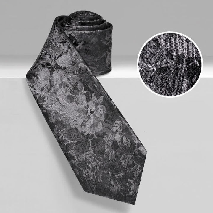 Dunkelgraue und schwarze Krawatte aus reiner Seide mit Blumenmuster für Herren