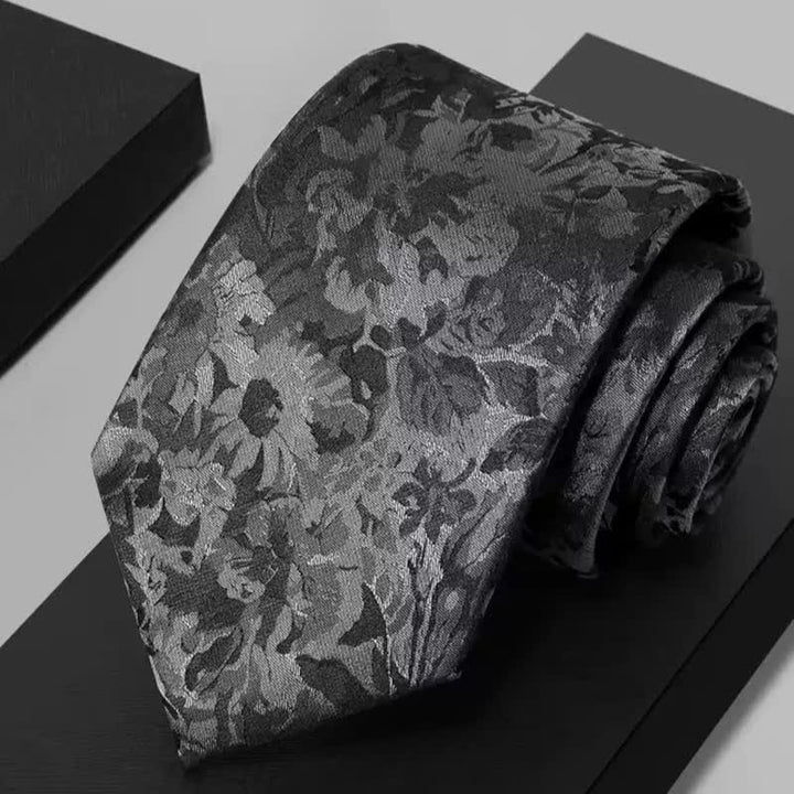 Dunkelgraue und schwarze Krawatte aus reiner Seide mit Blumenmuster für Herren