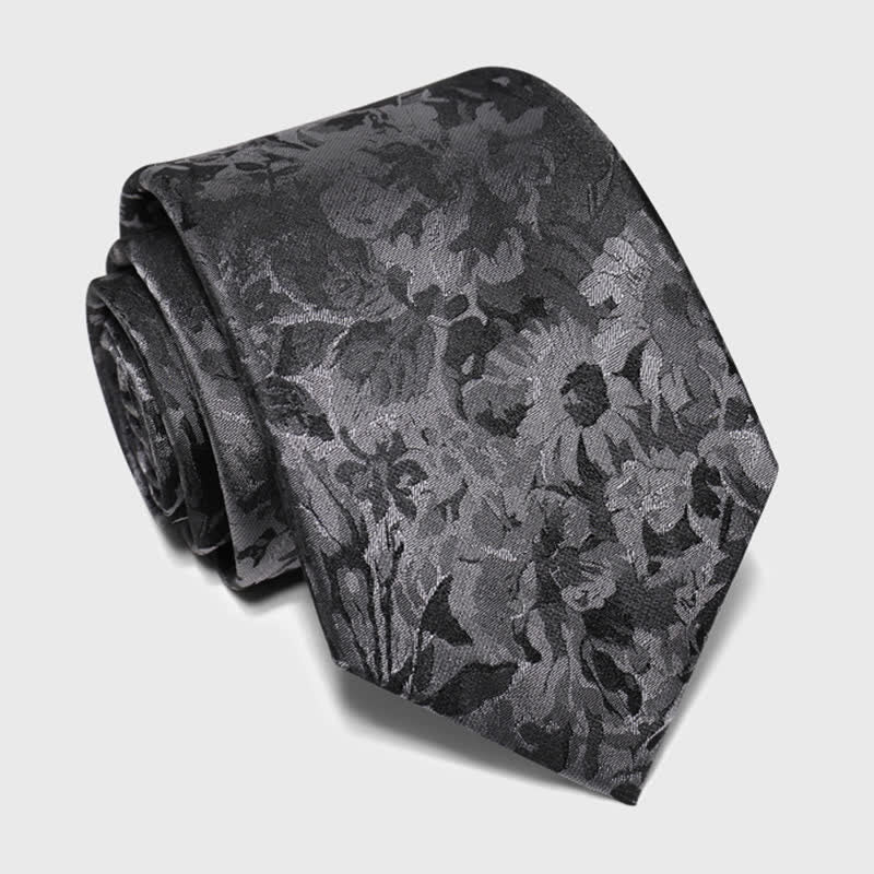 Dunkelgraue und schwarze Krawatte aus reiner Seide mit Blumenmuster für Herren