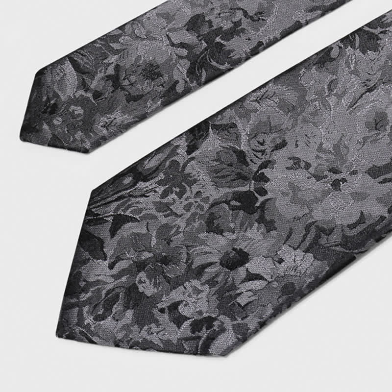 Dunkelgraue und schwarze Krawatte aus reiner Seide mit Blumenmuster für Herren