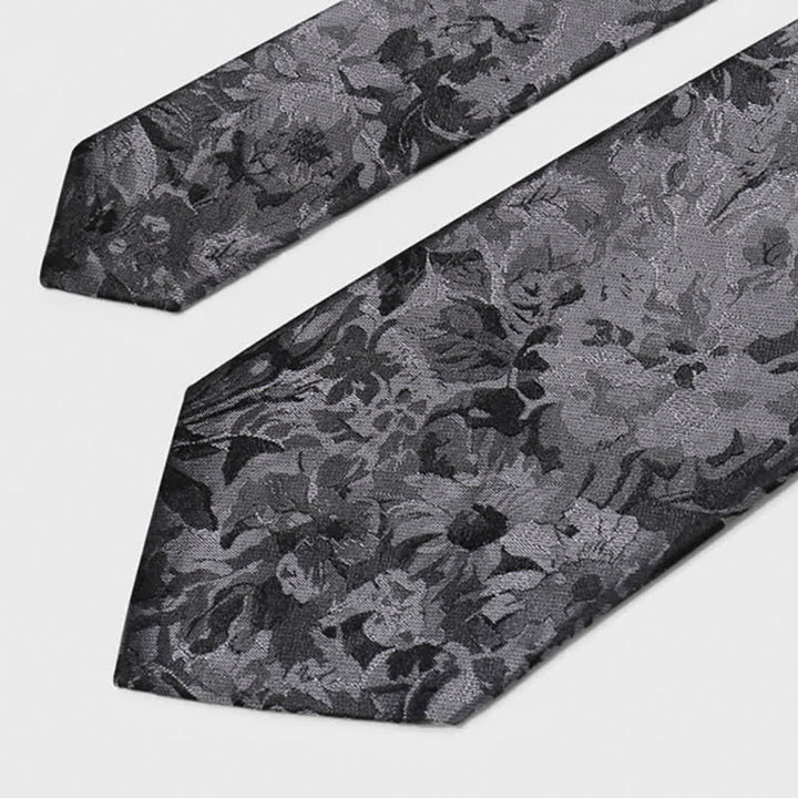 Dunkelgraue und schwarze Krawatte aus reiner Seide mit Blumenmuster für Herren