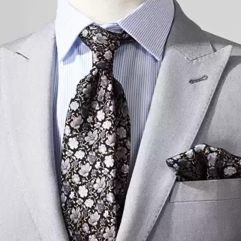 Schwarze und graue Krawatte aus reiner Seide mit Blumenmuster für Herren