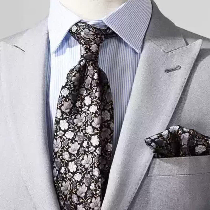 Schwarze und graue Krawatte aus reiner Seide mit Blumenmuster für Herren