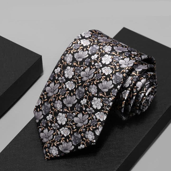 Schwarze und graue Krawatte aus reiner Seide mit Blumenmuster für Herren