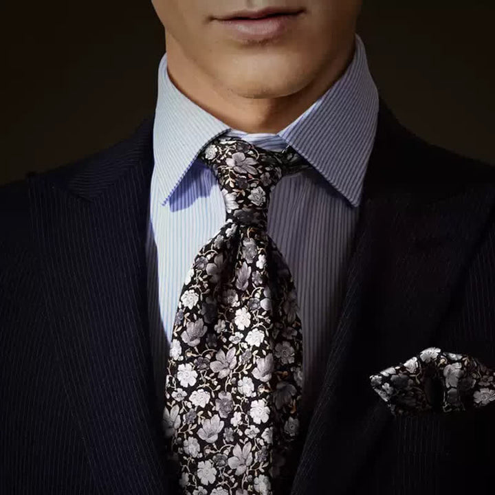 Schwarze und graue Krawatte aus reiner Seide mit Blumenmuster für Herren
