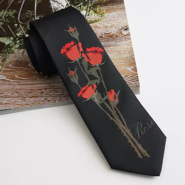 Romantische schwarze Krawatte mit rotem Rosenmuster für Herren
