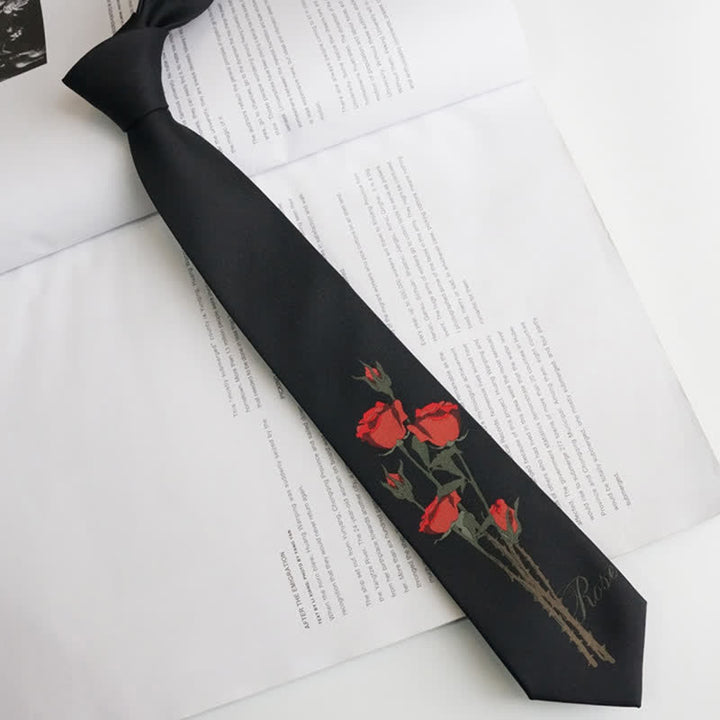 Romantische schwarze Krawatte mit rotem Rosenmuster für Herren