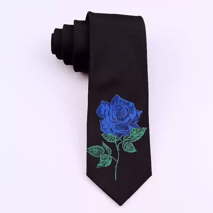 Schwarze bestickte Krawatte mit Rosen- und Blautönen für Herren