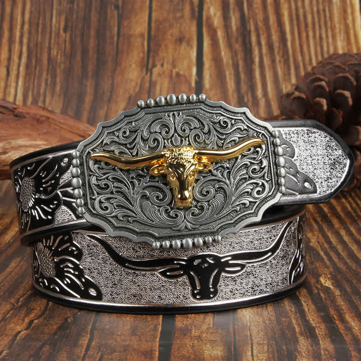 Weatern Gold Longhorn Bull Head Bunter Ledergürtel