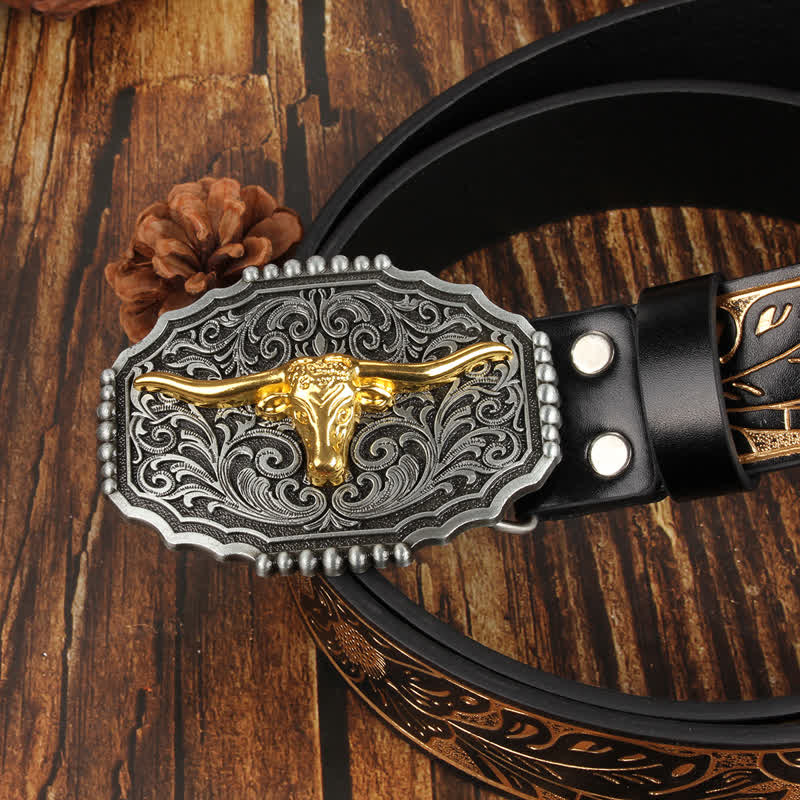 Weatern Gold Longhorn Bull Head Bunter Ledergürtel