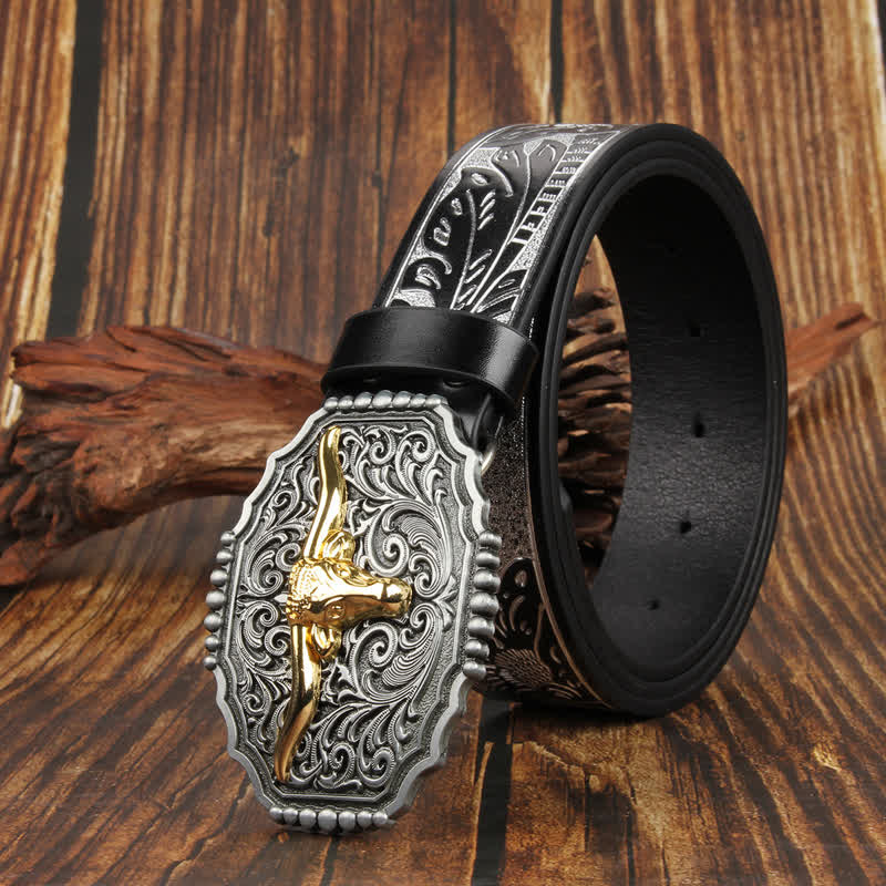 Weatern Gold Longhorn Bull Head Bunter Ledergürtel