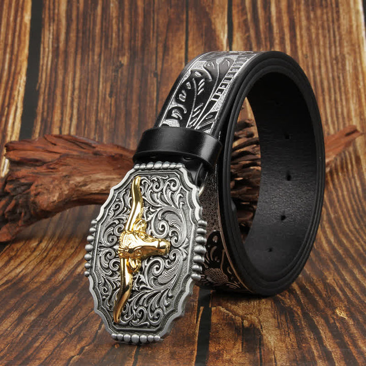 Weatern Gold Longhorn Bull Head Bunter Ledergürtel