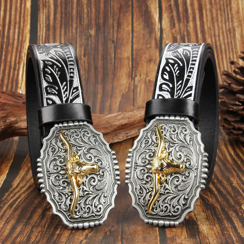 Weatern Gold Longhorn Bull Head Bunter Ledergürtel