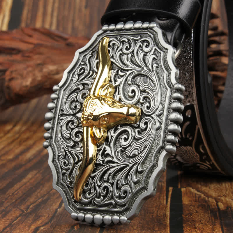 Weatern Gold Longhorn Bull Head Bunter Ledergürtel